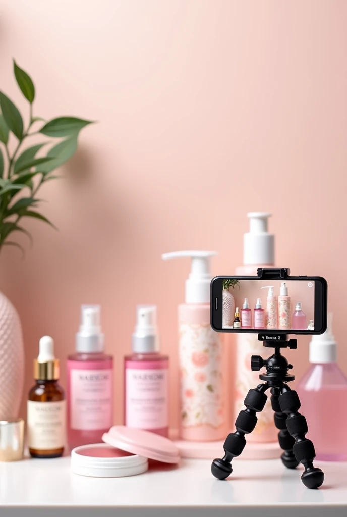 An image showing a shelf full of Skincare hair makeup jars, where there is a tripod on the phone that shows my name well and that has a rate that says content creator and that is in a color theme, rosita, pastels and white