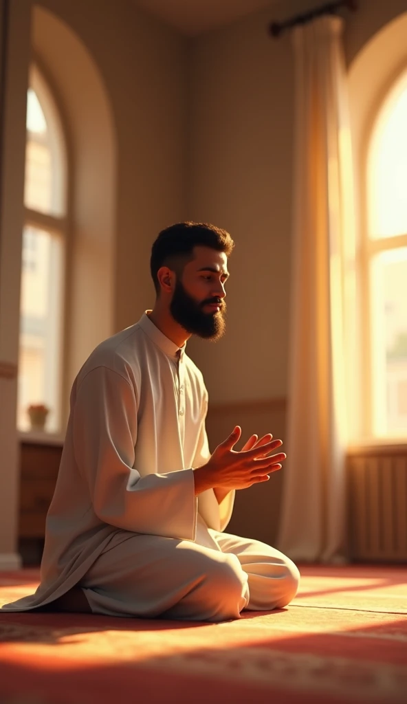 Pixar style images Of A Muslim man praying in a modest room, dressed in simple clothes that cover from his navel to his knees. He is deeply focused on his prayer, the room is softly lit with minimal decor, evoking a sense of peace and devotion