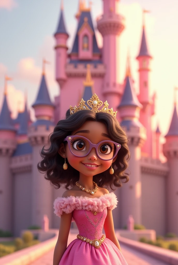 Little princess, , wears glasses and a crown, eyes browns, brown skin, smiling, shoulder length hair, curly and dark brown, in the background landscape pink castle, full body image,
