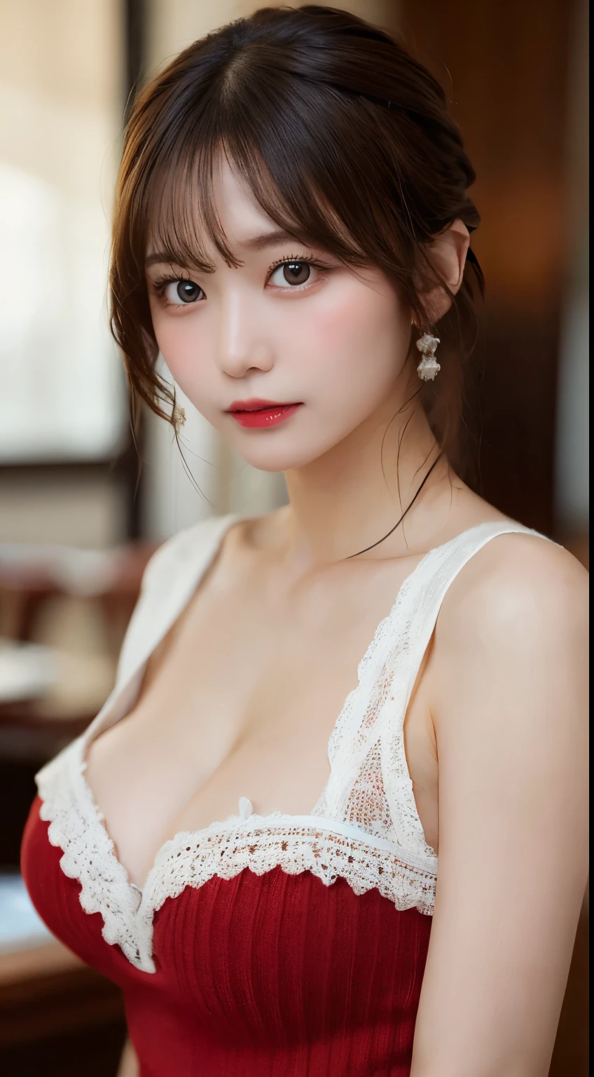 Tabletop, highest quality, figure, Very detailed, In detail, High resolution, 8k wallpaper, Perfect dynamic composition, Beautiful fine details, Natural Lip, Red knit dress , , Cleavage