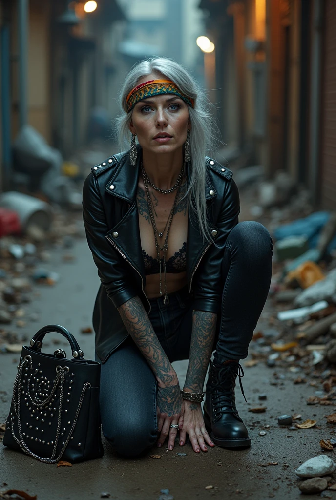 russian milf woman,  grey hair (bouffant, top bun) and oversized square sunglasses and wide  colourful bandana as headband, with very light green eyes, extremely pale. Big lips.  Black lace push up bra, silicone breast,, tight skinny  black low rise leather jeans. Barefoot. Lots of thick wide studded bracelets, chain necklaces and big rings,. Two loose studded belts. Long earrings with chains and feathers. Sitting on a pile of huge black plastic bags, sinking in them, separated legs, forearms on knees. Neck, chest, stomach and wrists heavily tattoed.  Toned abdominals, thin neck, slim legs and thin arms. Narrow hips. Full body. At a dead end street with graffitied walls, ground littered with waste . Some nuns in the backgroung get close. Full body, seen from above 