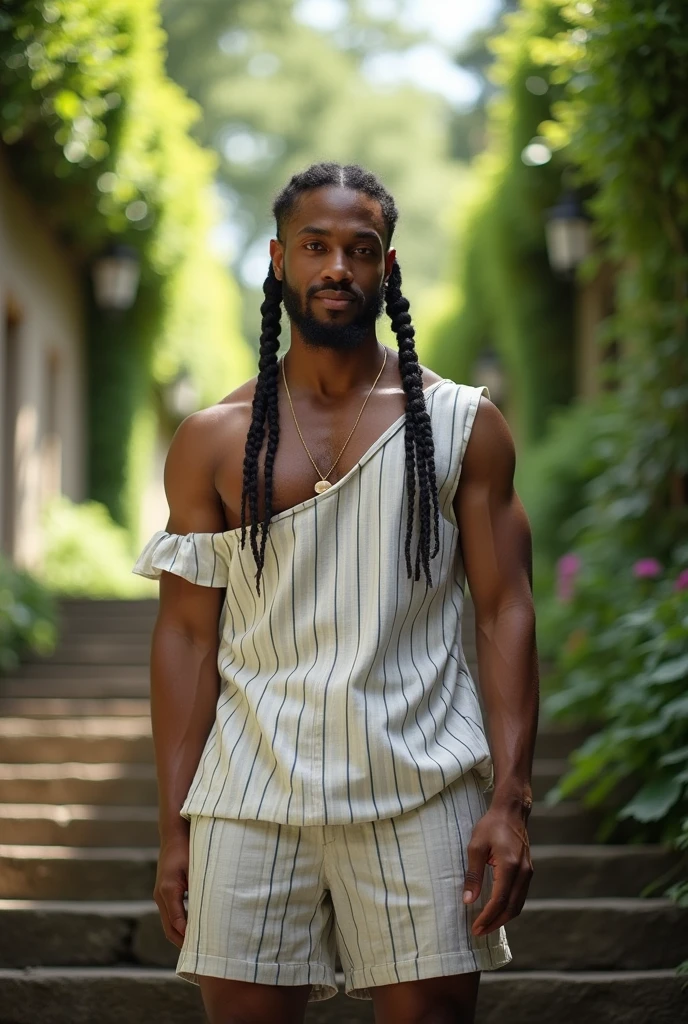 high fashion photography of a muscular man as a ((spellweaver)) with ((Dutch braids)) wearing (retro 80s clothes),dressed in off-shoulder top,white with stripes,casual shorts,lush greenery,blurred foliage,natural lighting,facing camera,slight smile,head slightly tilted,centered subject,eye-level shot,balanced framing,on the steps of a celestial palace,(8k,RAW photo,best quality,masterpiece:1.2),Neutral color palette,(from below:1.5),shot on Fujifilm X-Pro3 with Fujinon XF 56mm f-1.2 R,photo by Dirk Braeckman