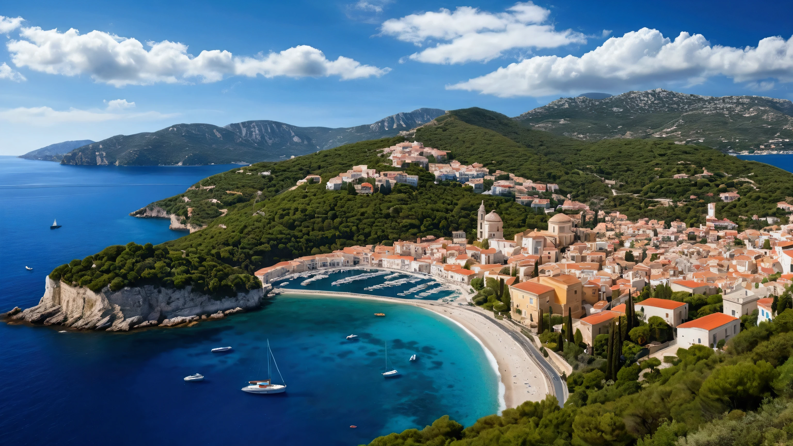 Create an ultra-high-definition, photorealistic image of a stunning Mediterranean bay. In the distance, the endless blue sea meets the sky with scattered white clouds, with gentle waves rolling across the water. On the left side of the image, a mountain range rises with lush green forests and snow-capped peaks. To the right, a charming hillside town with white houses featuring red roofs and a blue-domed cathedral overlooks the bay. A winding road snakes from the seaside up to the town. The town's marina is dotted with various sailboats, and on the bay, numerous boats of different sizes can be seen. In the middle of the bay, a solitary island stands with a red-roofed house and a tall, fluttering flag.