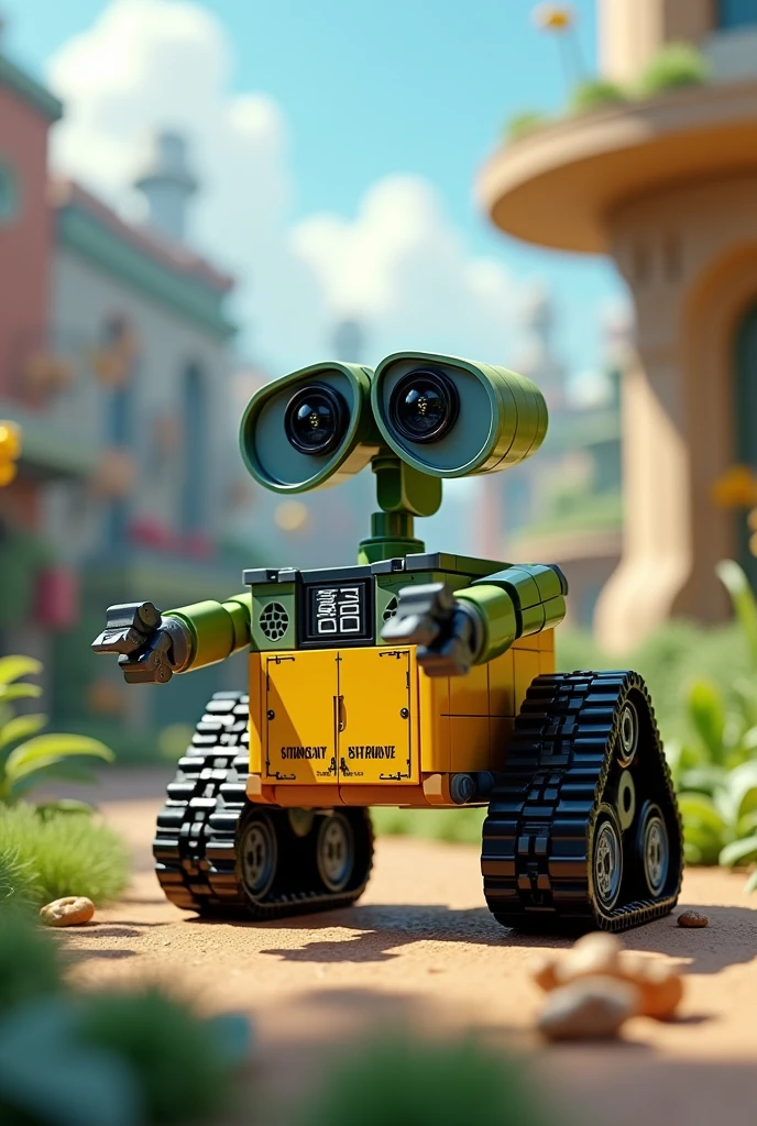 draw a walle style robot with legos with cute and funny eyes