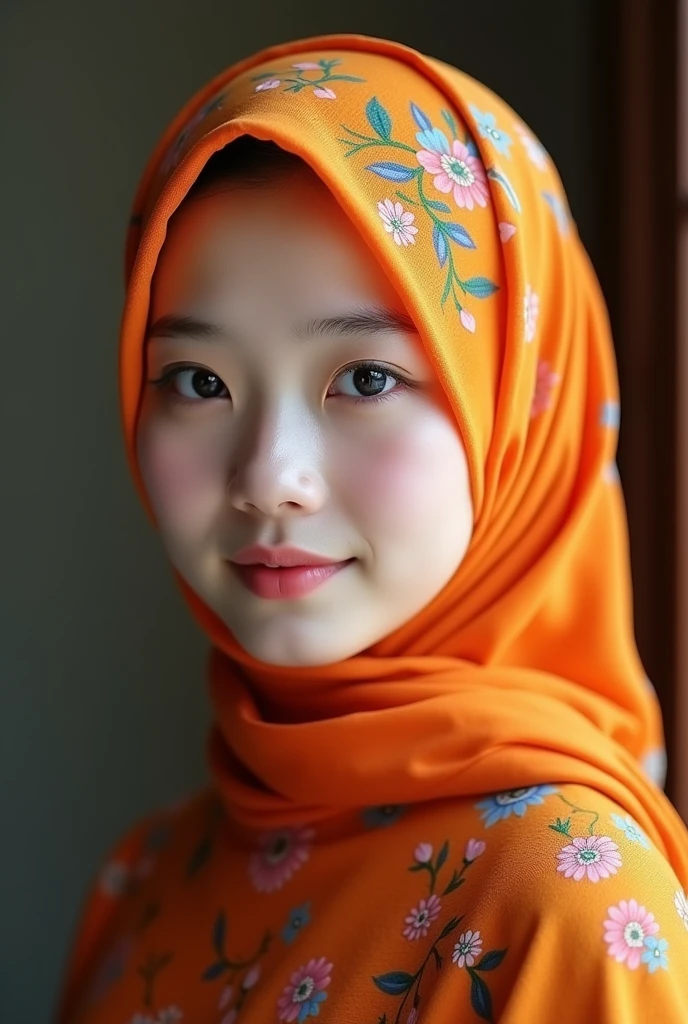 The iPhone screen is decorated with the motif of a beautiful Korean girl, smooth white skin, well-groomed face, faint smile, orange hijab with colorful flower patterns, realistic original photo.