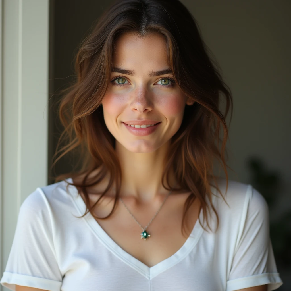 French woman in white t-shirt and necklace., with green eyes, Portrait Sophie Mudd, brown hair and big eyes, selfie of a young woman, camera eye, Violet Myers, without makeup, Natural makeup, looking directly at the camera, Artgram face, subtle makeup, Amazing full body photos, Pierced green eyes, beautiful angle, Underwear showing pose, Beautiful, Squatting open leg panty shot pose, full body image, full bodyesbian, full body photographed, brunette goddess, High detail, Pose of satisfaction, Wear a grey miniskirt and Boots, skirt for him, Boots