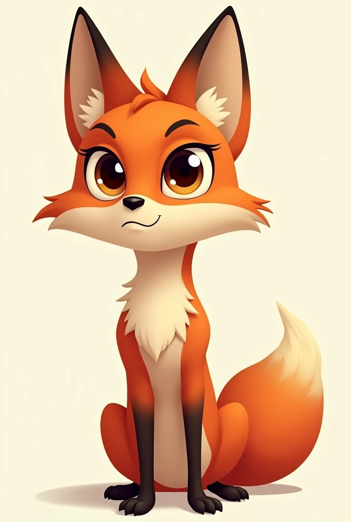 Male young fox as cartoon character with brown eyes looks serious, without background