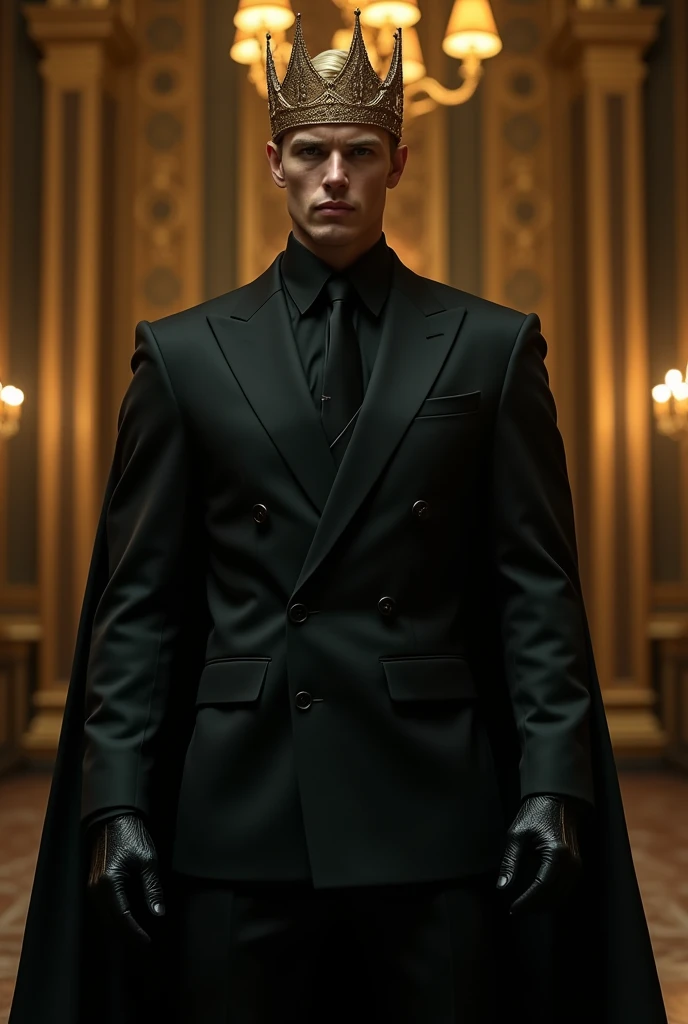 A distant image, at night, an extremely handsome man, golden hair, very masculine, very handsome, big and fit, green eyes, dressed in black all covered with the cape,  with black gloves on his hands, with a black cape, a gold crown, at night, in the background a golden room with black, very dimly lit 