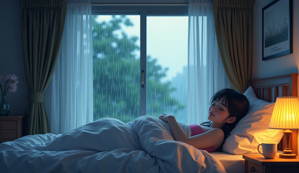 Create a high-quality anime-style scene of a cozy bedroom during a gentle rainstorm. The room should have soft, warm lighting with detailed elements like a bed, pillows, and a window showing raindrops only on the outside. A person is lying peacefully in bed, and the view through the window should show raindrops softly hitting the glass, with no rain inside the room. Capture the serene and calming atmosphere, focusing on the cozy interior contrasted with the rainy exterior. Ensure clear, realistic details, especially in the textures, lighting, and expressions.