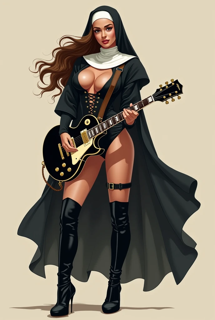 Flat factor of a sexy busty warrior nun. She is wearing a body suit, black,(((elegantly laced))). she has a tempting smile. Brunette, weavy hair over her shoulders. White neckerchief and cap. she is wearing a black cloak, leathers straps. She is playing a black gibson les paul. pin-up style