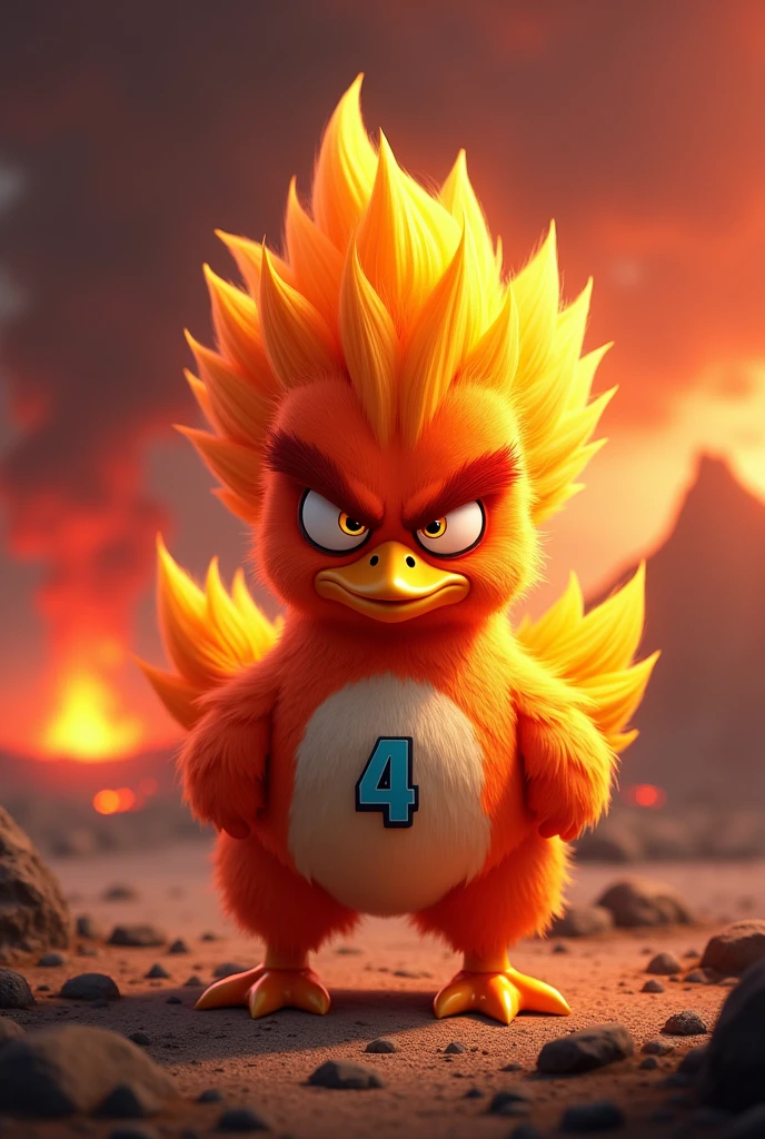 Make a Duck that looks like the Angry Chick with Yellow eyes With Orange feathers with Spiky hair Similar to a Saiyan in the color Orange and with a fire aura and have a fire logo drawn on the Duck's belly and In the colorless place With a volcano erupting very far from the Duck and a dark Red sky and the name in the color bluish gray written "DuckLife 4" with Disney style