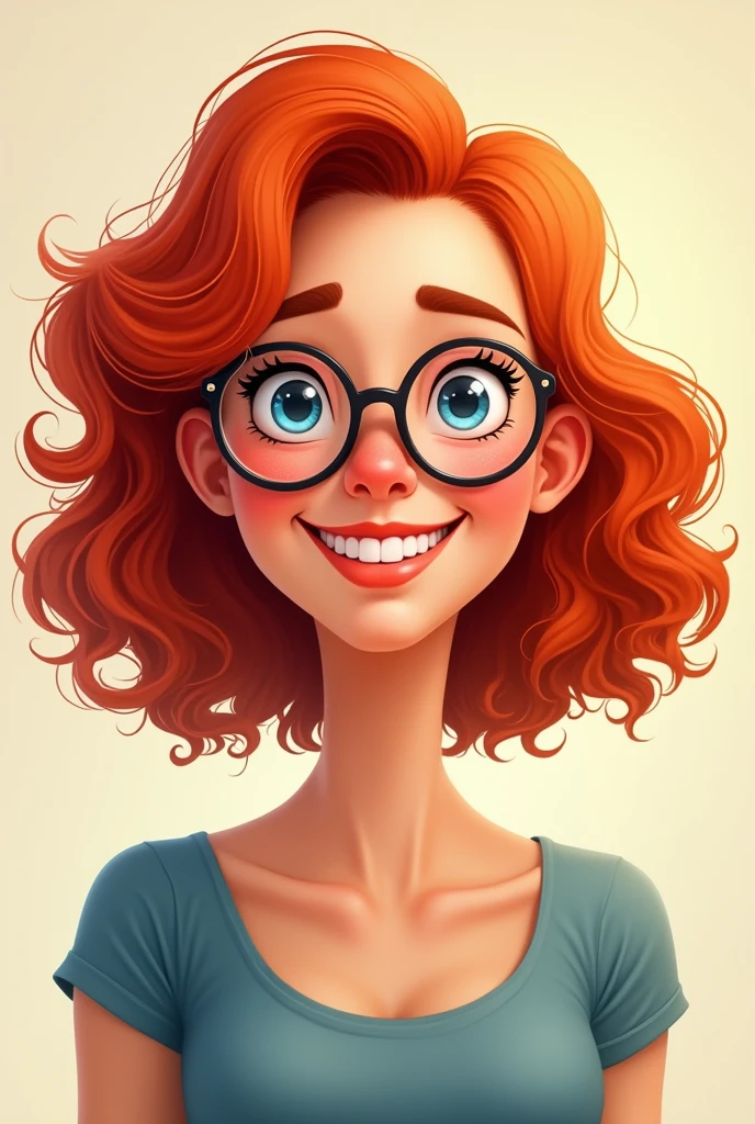 Red curly shoulder length hair, woman, round glasses, animated, smile, blue eyes,