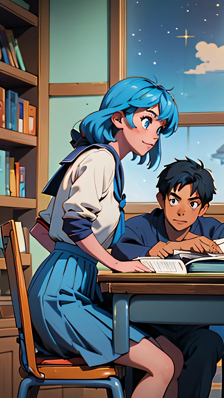 Create an anime-style image set in a bright and cozy library. The scene features two high school students, a boy and a girl, sitting side by side at a wooden desk. The boy is wearing a cutter shirt with a tie and pants, while the girl is dressed in a sailor-style uniform with a skirt. They are sitting side by side, with open books spread out on the desk in front of them, studying together. Both students are holding pens, writing something in their notebooks while looking at the books on the desk. They are smiling and enjoying each other's company. The scene is viewed from the front, showing their faces and the warm, soft light illuminating the space, creating a cheerful and pleasant atmosphere. In the background, large windows reveal a clear summer sky with vibrant blue colors, enhancing the fresh and lively ambiance. The bookshelves filled with books further emphasize the library setting.