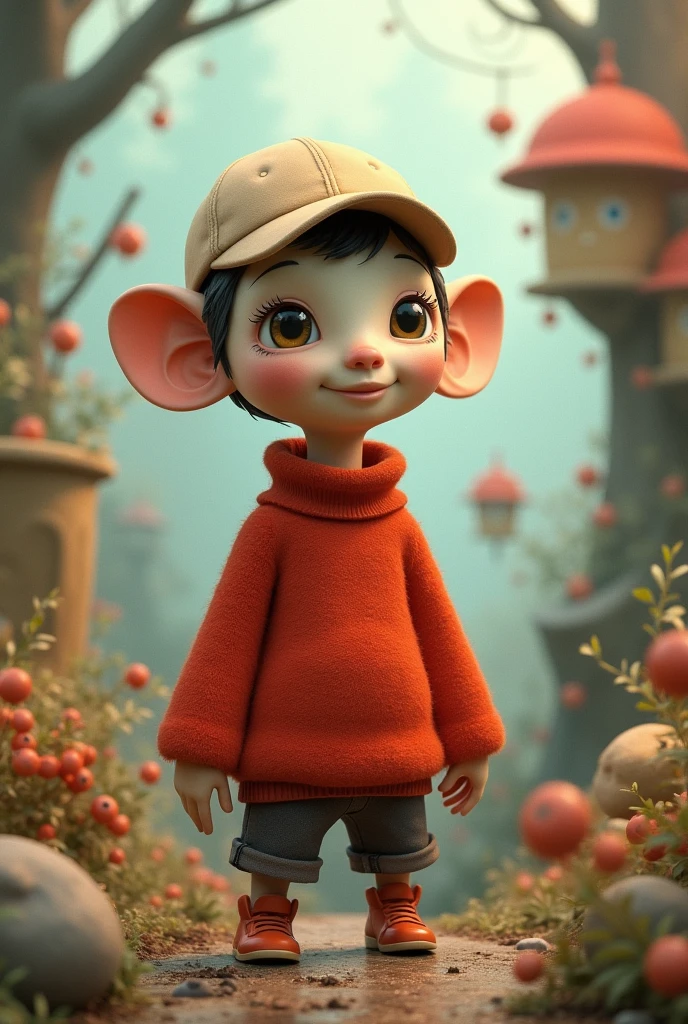smigle in beige cap and red turtleneck
