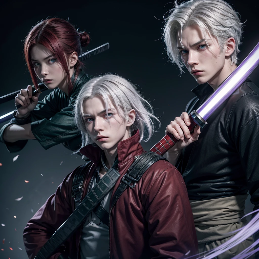 A boy with white hair, blue eyes with dark green and a katana, and behind him a girl with red eyes floating red hair color and purple streaks