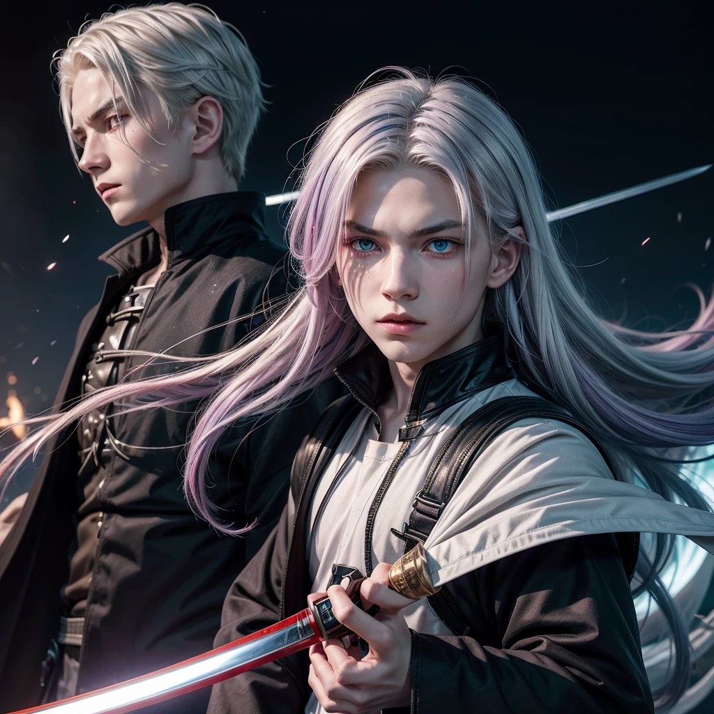 A  boy with white hair, blue eyes with dark green and a katana, and behind him a girl with red eyes floating red hair color and purple streaks