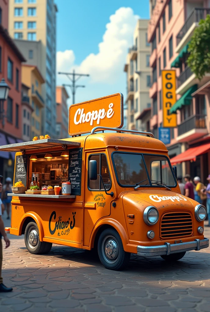 an image of a food truck called chopp e chapa, n sells burgers and beer 
