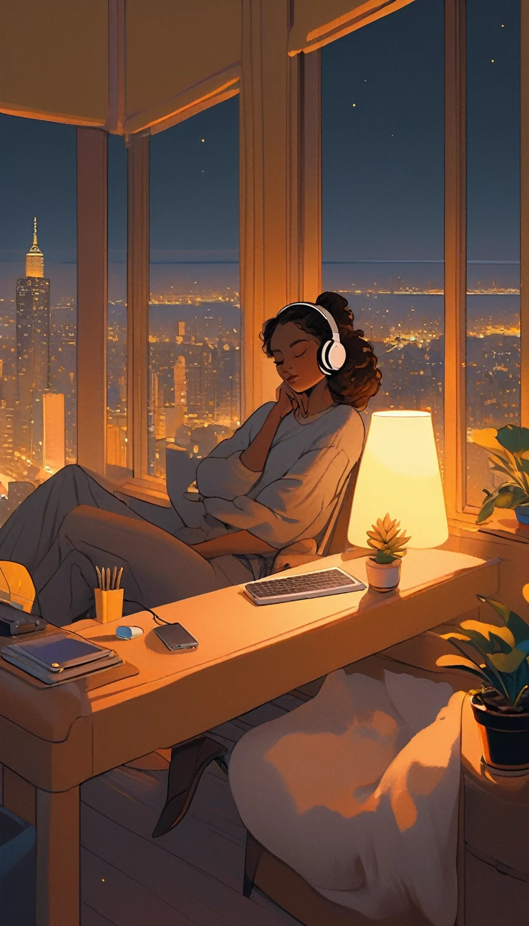 A young woman is sitting comfortably in a modern, cozy room with a cityscape visible through a large window at night. The main object of focus is the woman, who appears to be in her late s or early twenties. She has long, wavy brown hair and is wearing a pair of large over-ear headphones. Her eyes are closed, and she has a serene, relaxed expression on her face as she listens to music. The woman is seated in a plush armchair, which is positioned to the right of a wooden desk. On the desk, there is a modern desktop computer, a ceramic coffee mug, and a small potted plant. A desk lamp with a warm, yellow glow is placed on the left side of the desk, casting a soft light over the scene. The light from the lamp is the primary light source, illuminating the woman and creating gentle shadows around her. In the background, the large window offers a stunning view of the city at night, with numerous skyscrapers and their illuminated windows creating a vibrant, urban atmosphere. The room itself is painted in neutral tones, with the walls adorned with minimalistic decor. The overall color scheme of the image features warm tones from the lamp and the cooler tones of the night cityscape, creating a balanced and visually appealing contrast. The perspective of the image is from a slight angle, allowing for a clear view of the woman, the desk, and the background cityscape. The size of the image is rectangular, with a wide aspect ratio that captures the breadth of the scene. The theme of the image is calm and relaxation, with an emphasis on the soothing environment and the woman's peaceful state.