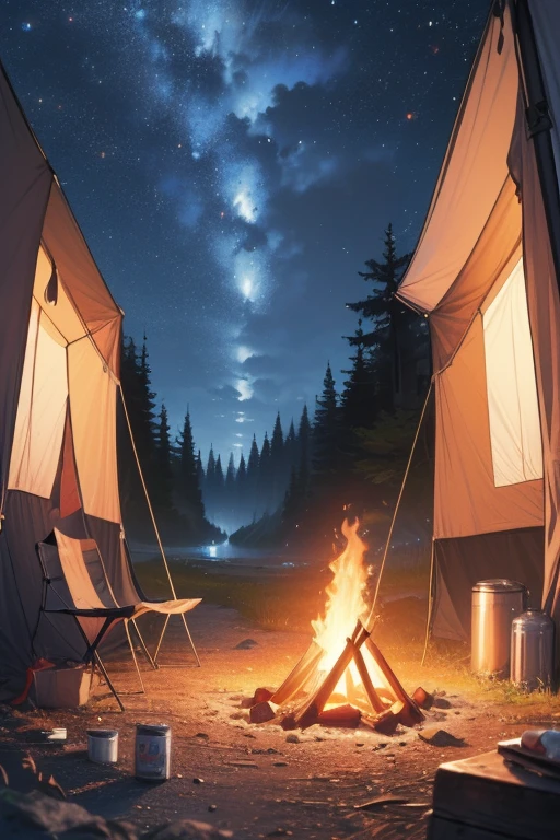 8k,Extremely detailed, masterpiece,High resolution,Highest quality,Increase the resolution,Cinema Lighting,Different space，Ultra Wide Angle，A girl is camping alone、Solo Camping，The only pop-up tent，Simple fire pit，Small bonfire，Canned food，vision，Milky Way