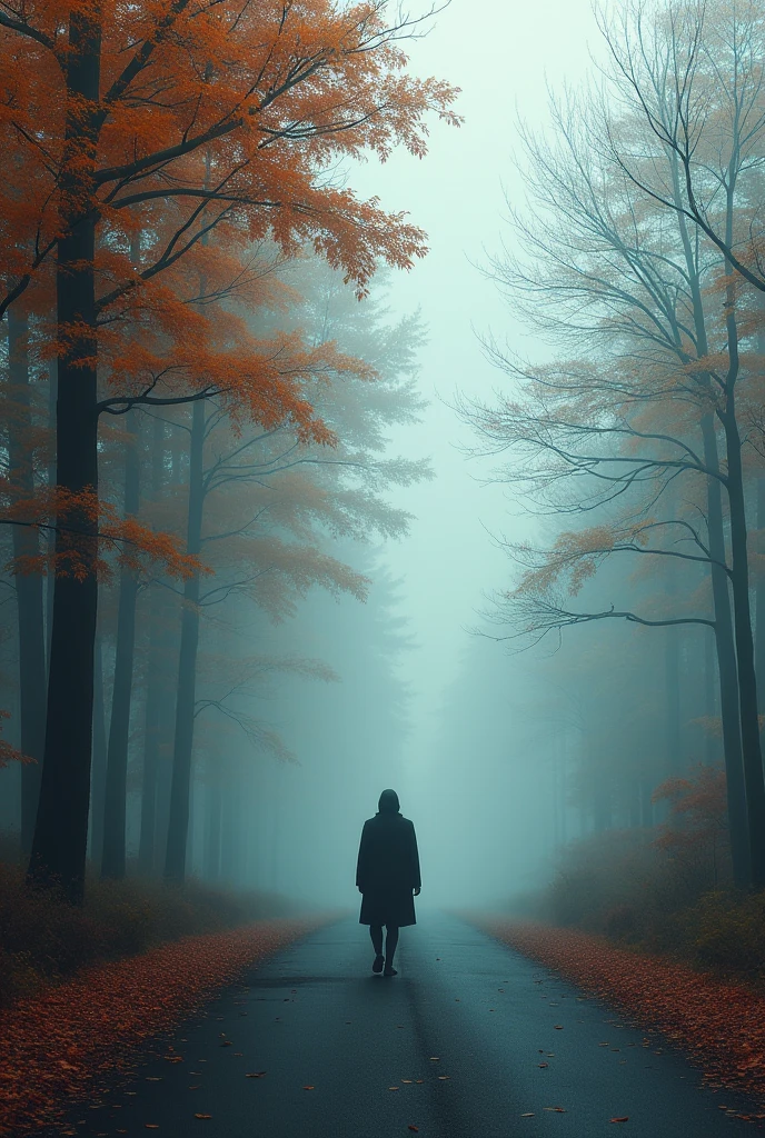 lone figure walks along a misty road lined with towering trees, their leaves ablaze in vibrant orange and red hues, contrasting with the ethereal fog that blankets the background. The atmosphere is tranquil yet mysterious, with the fog softening the landscape, making the road and trees appear to fade into the distance. The scene evokes a sense of solitude and reflection, as the figure moves forward into the unknown, surrounded by the beauty of autumn and the quiet embrace of the mist."
