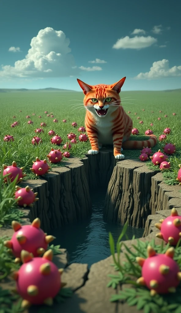 create realistic images A bright red striped cat emerges from a deep crack in a field filled with dragon fruits. The cat has exaggerated features, with a fierce expression and sharp fangs. Surrounding it, numerous dragon fruits are scattered across the landscape under a clear blue sky, creating a surreal and whimsical scene.
