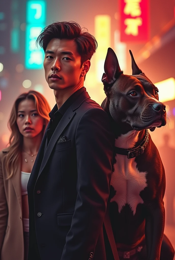 Handsome K-pop singer next to his pitbull dog next to an amazed girl movie poster 