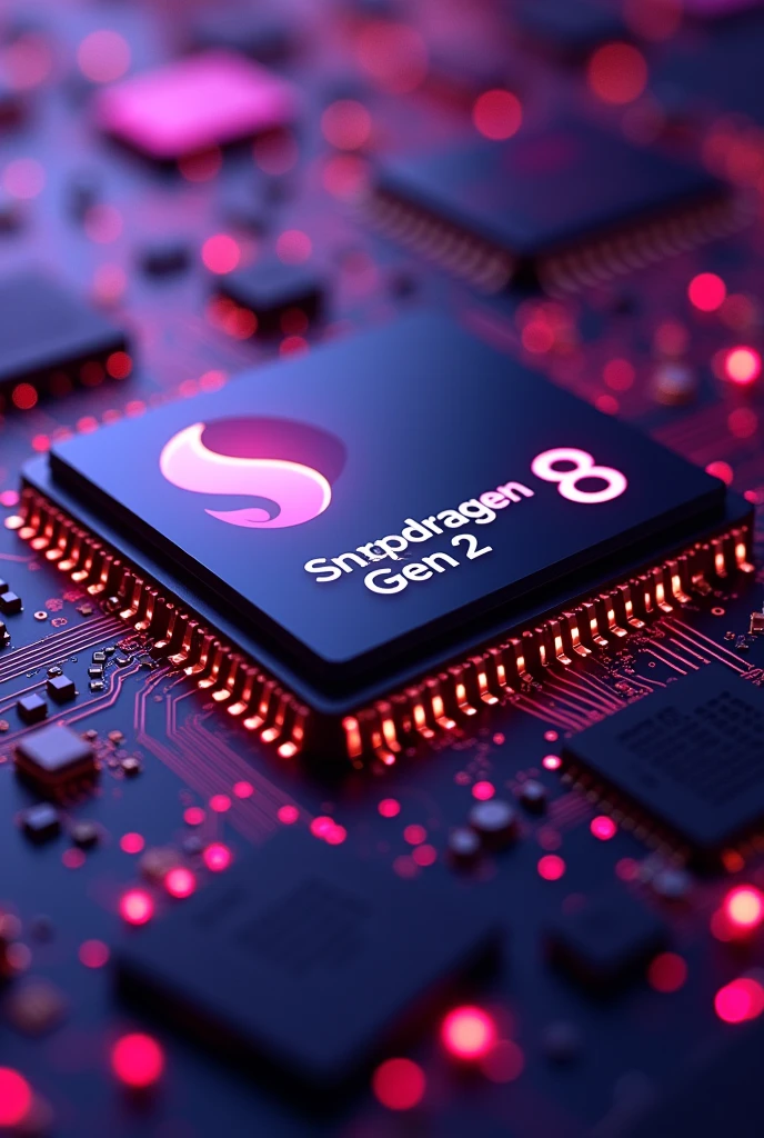 Snapdragon 8 Gen2 chip with neon purple terminals, in many details showing it and all the circuits and everything very clear without blurs the processor must be horizontal and on the chip written the words Snapdragon 8 Gen2.