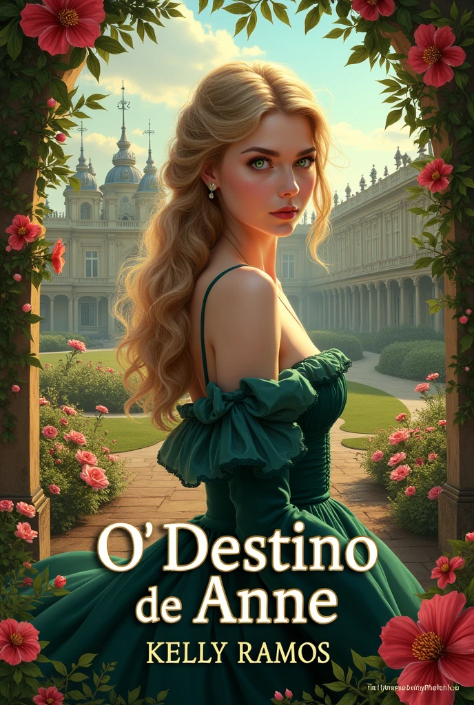 Make the cover for my book The Fate of Anne, put my name Kelly Ramos , make an image with flowers and a palace in the background, with vivid colors, the image is very realistic, the character has green eyes and blonde hair , wearing a dress from the year 1910, put the title in Brazilian Portuguese 
