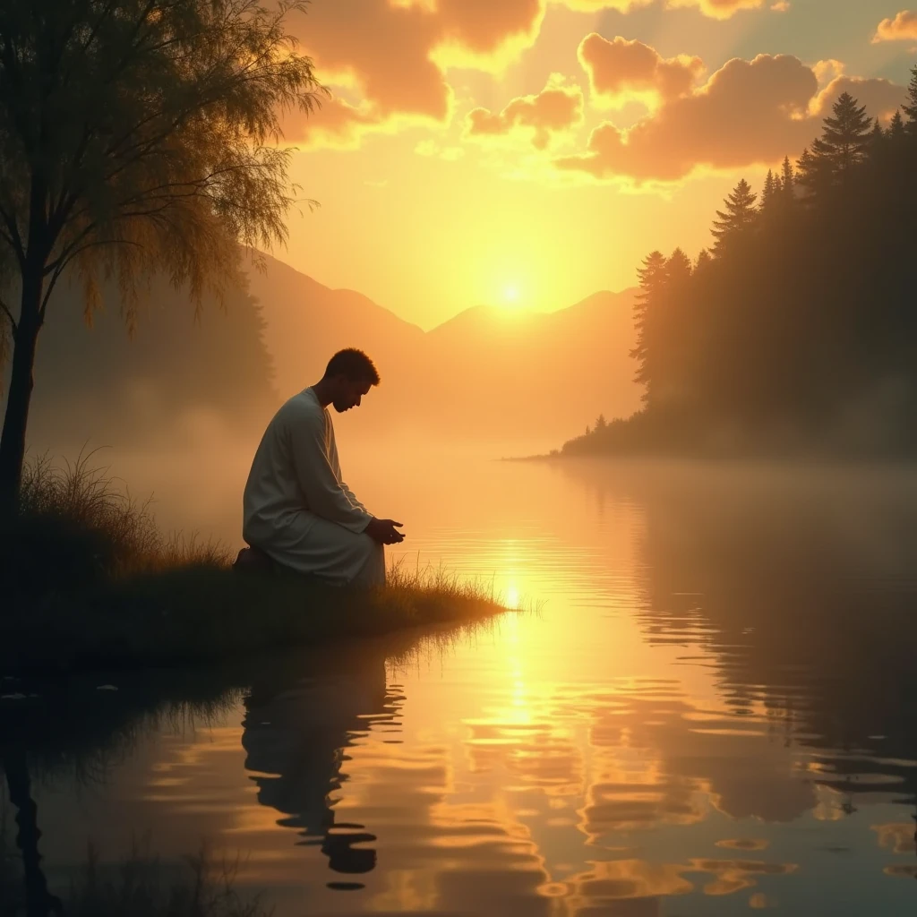 Create an image of a person kneeling beside a still pond at sunrise. The water reflects the brilliant light of the dawn, symbolizing God's response to their cry and His presence that brings hope and renewal.