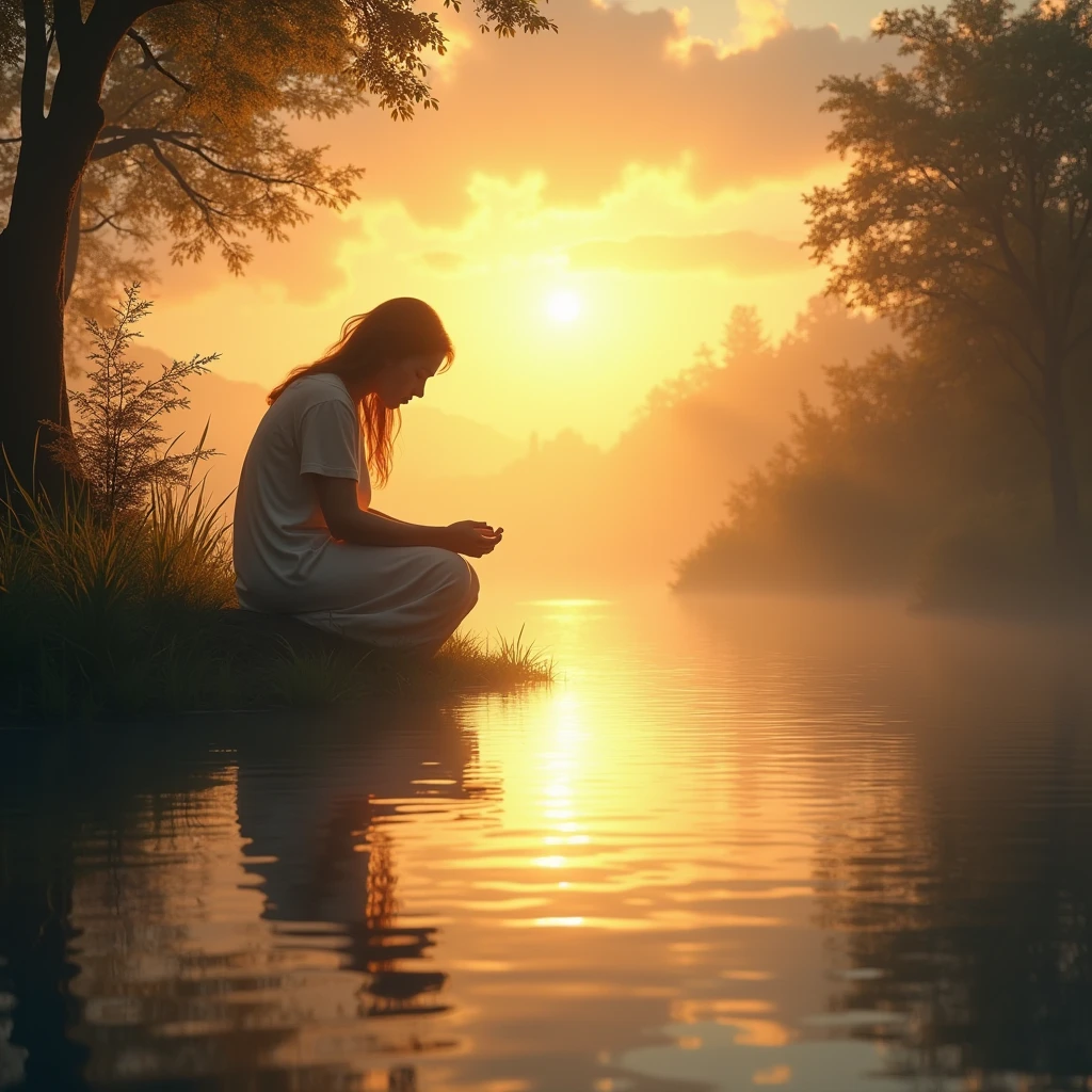 Create an image of a person kneeling beside a still pond at sunrise. The water reflects the brilliant light of the dawn, symbolizing God's response to their cry and His presence that brings hope and renewal.