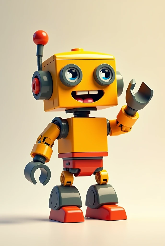 draw a Lego-style robot with cute and funny eyes waving from the front and without a background