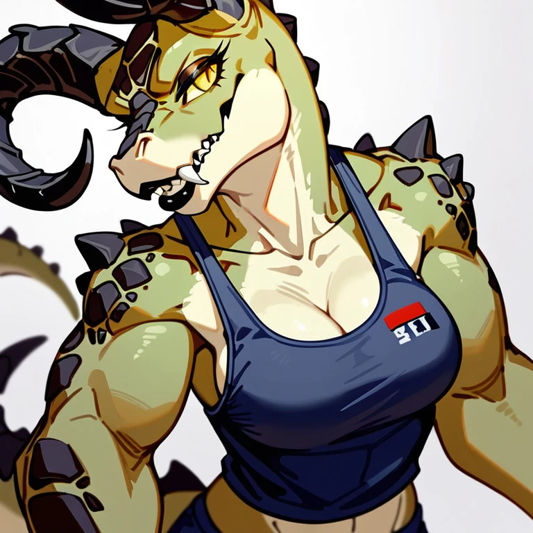 Solo, score_9,score_8_up,score_7_up, source_anime, aegis, kemono style, aegis, Anthro reptile girl, snout, green scaled skin, yellow eyes, black lips, black ram horns, tail, black lips, tall, Anthro deathclaw from fallout, deathclaw girl, (best quality), (4k), bulletproof vest, holding a rusty gun, blue shorts, in a ruined city, ((full body)),