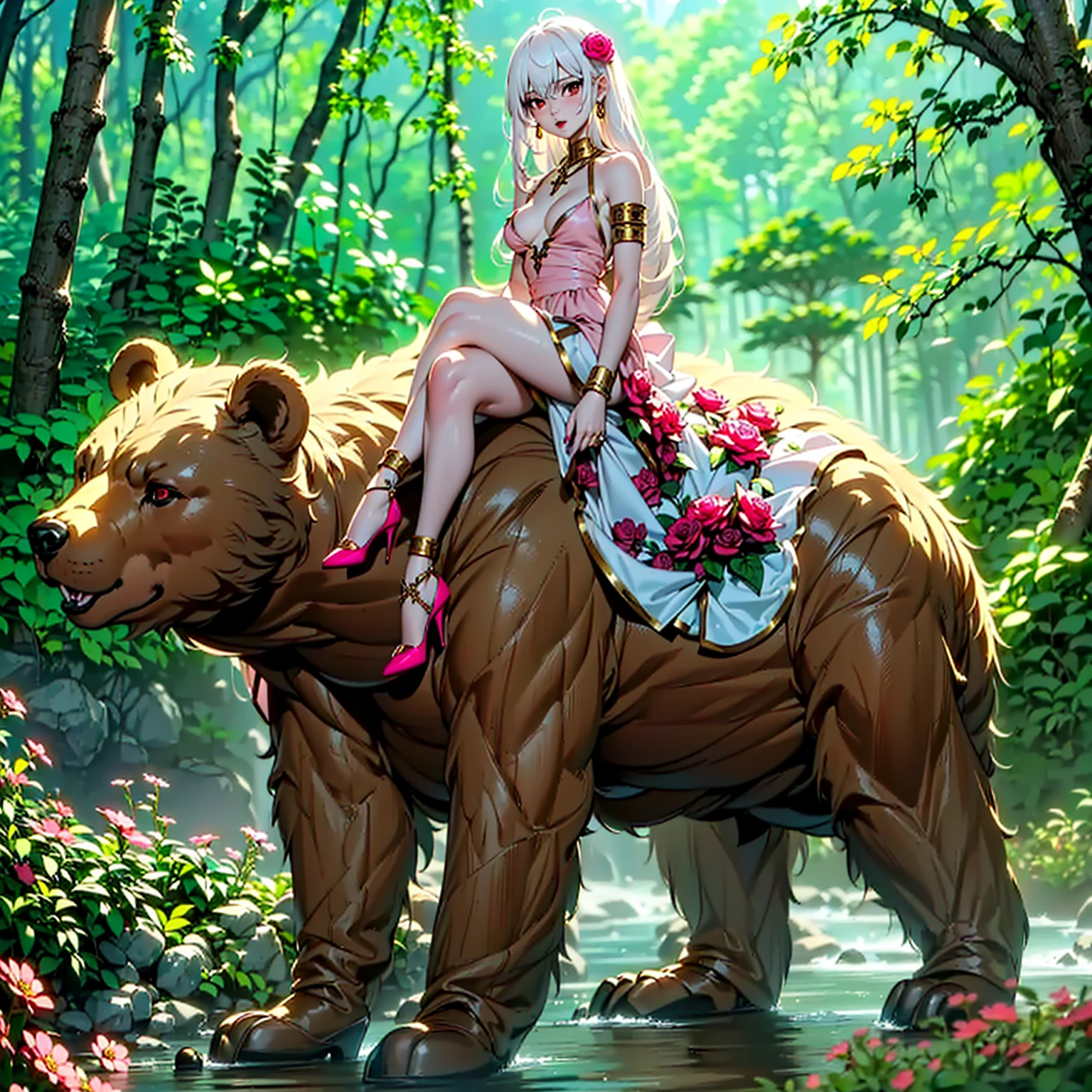 ((1girl, solo, alone, Ninym, white hair, red eyes, hair ornament, small breasts, long hair, fitness)), ((solo, (1woman, pink lipstick), Extremely detailed, ambient soft lighting, 4k, perfect eyes, a perfect face, perfect lighting, a 1girl)), ((greek goddess, nymph, dress, kawai dress, high heels, colorful dress, ((sitting cross-legged, legs crossed)), on a bear's back, riding a bear, forest, river, flowers, fine jewelry, gold necklace, bracelets, gauntlets, jade earrings, high heels))