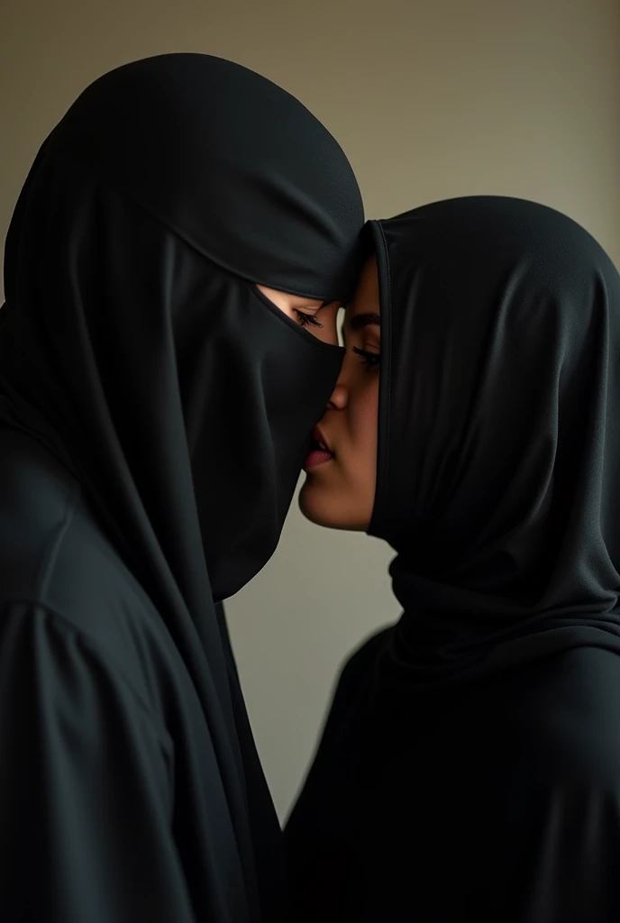 Create an image of a Brazilian man sucking a Saudi woman's vagina under her black veil