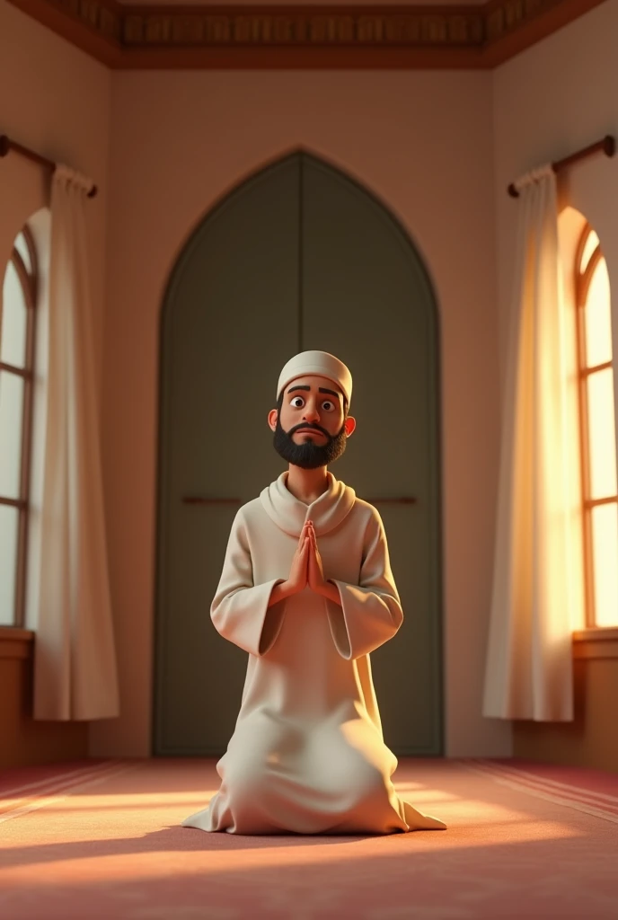 3d pixar character style of A Muslim man praying in a modest room, dressed in simple clothes that cover from his navel to his knees. He is deeply focused on his prayer, the room is softly lit with minimal decor, evoking a sense of peace and devotion