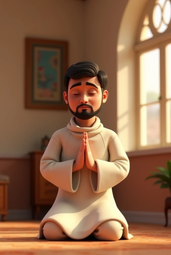 3d pixar character style of A Muslim man praying in a modest room, dressed in simple clothes that cover from his navel to his knees. He is deeply focused on his prayer, the room is softly lit with minimal decor, evoking a sense of peace and devotion