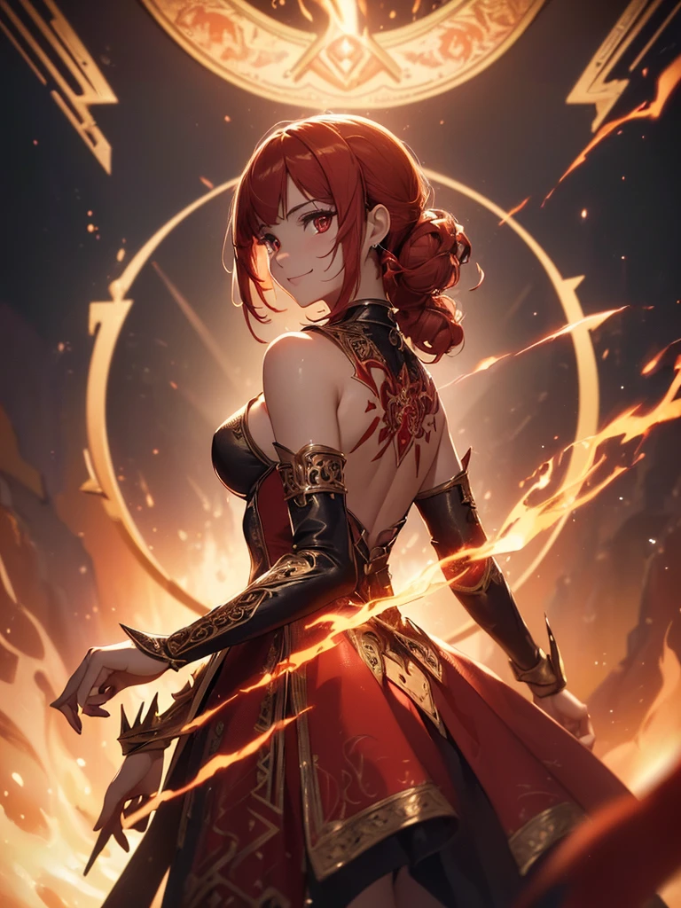 (((best quality, sharp image, clear image, cinematic lighting, 8k resolution, masterpiece, ultra detailed, intricate))) Girl, sorcerer, cute, intricate dress, smiling, fiery red, ((intricate background)), (rune frame), dimension, ((shot from behind)), fire sigils, chaotic background.
