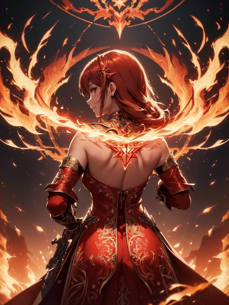 (((best quality, sharp image, clear image, cinematic lighting, 8k resolution, masterpiece, ultra detailed, intricate))) Girl, sorcerer, cute, intricate dress, smiling, fiery red, ((intricate background)), (rune frame), dimension, ((shot from behind)), fire sigils, chaotic background.