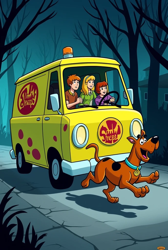 Make cartoonist style like a Scooby Doo cartoon character like a van exactly as appear in cartoon and Fred Jones drive the van with Daphne Blake and Velma dinkley and scoobert and shaggy is outside the van and run like funny scene. Background is like horrible 