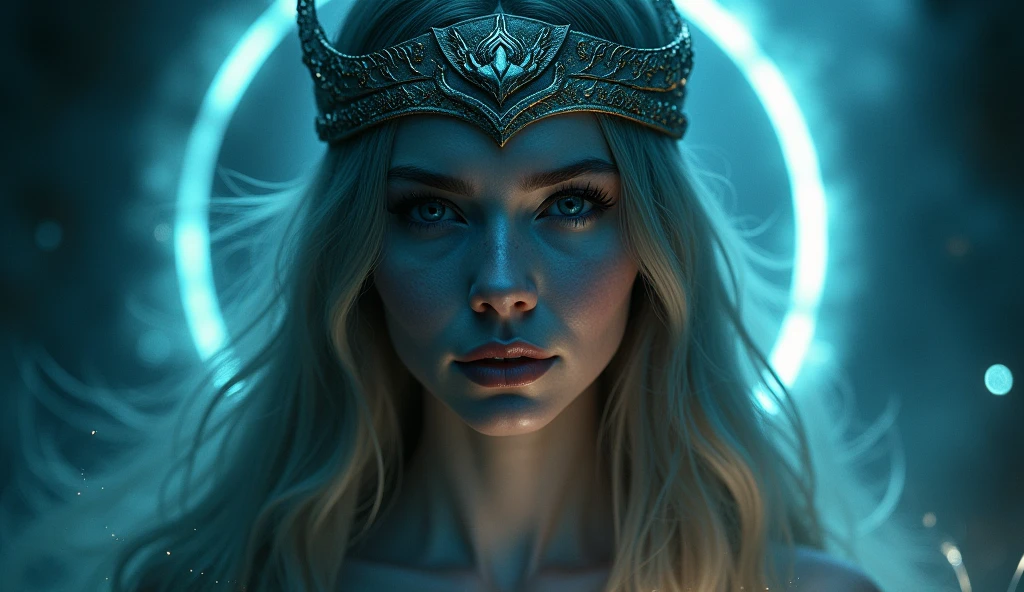 a ethereal spirit in an unseen dream, a halo enveloped in enigmatic magic (viking inspired:0.45), opening the dark doorway to void energy, detailed portrait of a woman, beautiful detailed eyes, beautiful detailed lips, extremely detailed eyes and face, long eyelashes, intricate headpiece, flowing hair, serene expression, glowing ethereal aura, dark moody lighting, deep jewel-toned colors, dramatic chiaroscuro, cinematic composition, dramatic shadows, ultra-detailed, (best quality,8k,highres,masterpiece:1.2),ultra-detailed,(realistic,photorealistic,photo-realistic:1.37),HDR,UHD,studio lighting,ultra-fine painting,sharp focus,physically-based rendering,extreme detail description,professional,vivid colors,bokeh