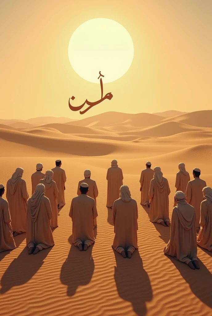 Ancient Arabs doing sajda prayer at dessert and slogan of victory 