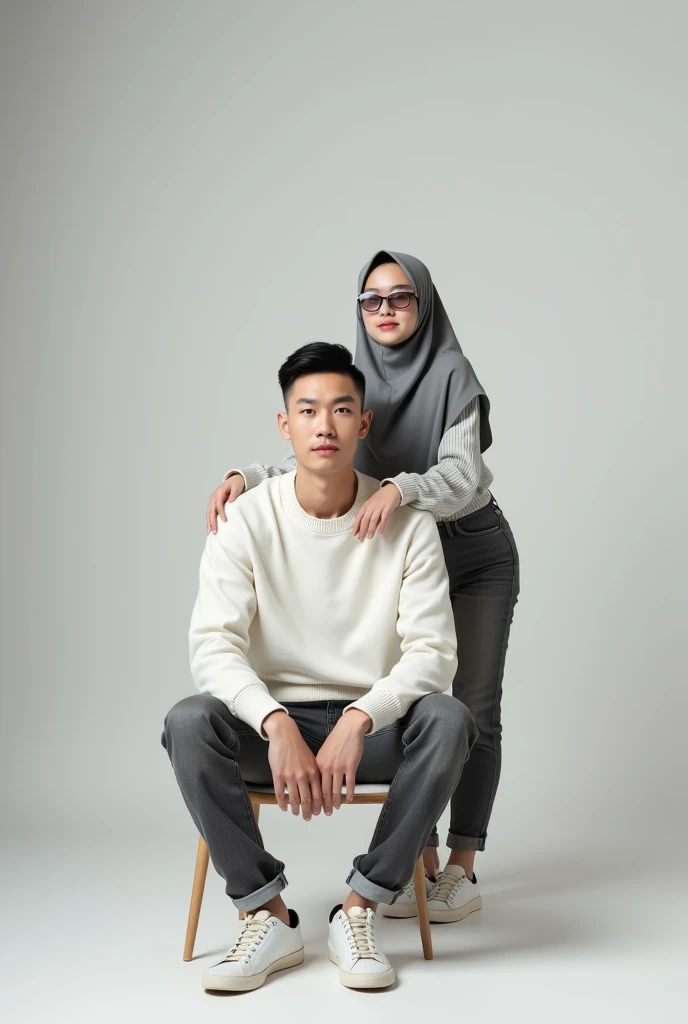 (photorealism) chinese couple aged 16 wearing white sweaters ,The short and slender ,skinny man sits in a gray box wearing gray jeans. ,casual shoes ,haircut (short slicked back) ,the thin woman standing in back him wearing a grey hijab and grey jeans with sunglasses ,Silver photo studio background