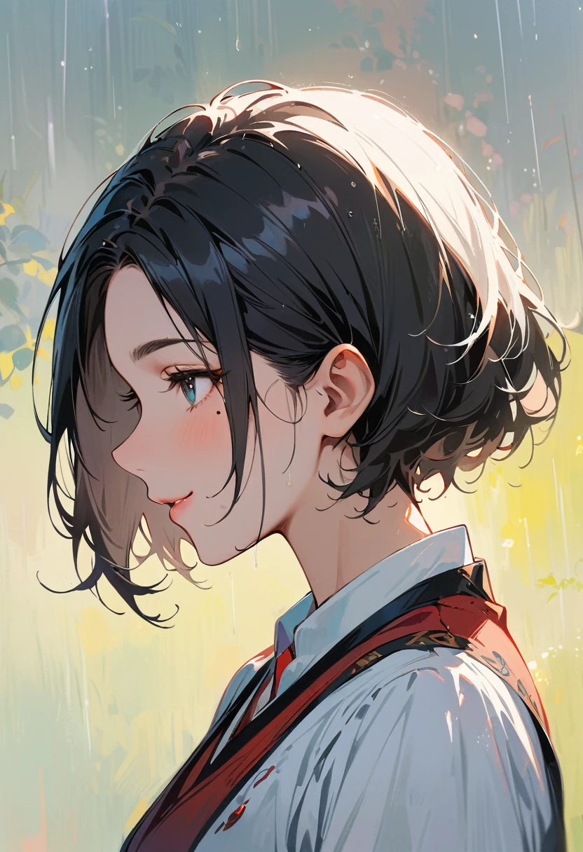 (masterpiece, best quality:1.4), 1 girl, 独奏, Heterochromia, Delicate pupils, Blurred eyes, Close your left eye, Smile, Profile,Tilt your head back 45 degrees,, Right tear mole, (Black short hair:1.2), large breasts, Mini Girls, Backlight, Rainy Day, Vest, Works by top portrait painters, Black and white gradient background.