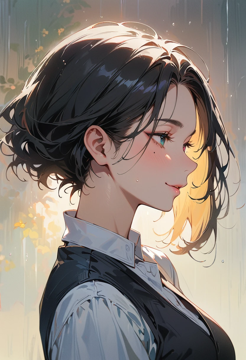 (masterpiece, best quality:1.4), 1 girl, 独奏, Heterochromia, Delicate pupils, Blurred eyes, Close your left eye, Smile, Profile,Tilt your head back 45 degrees,, Right tear mole, (Black short hair:1.2),  large breasts, Mini Girls, Backlight, Rainy Day, Vest, Works by top portrait painters, Black and white gradient background.