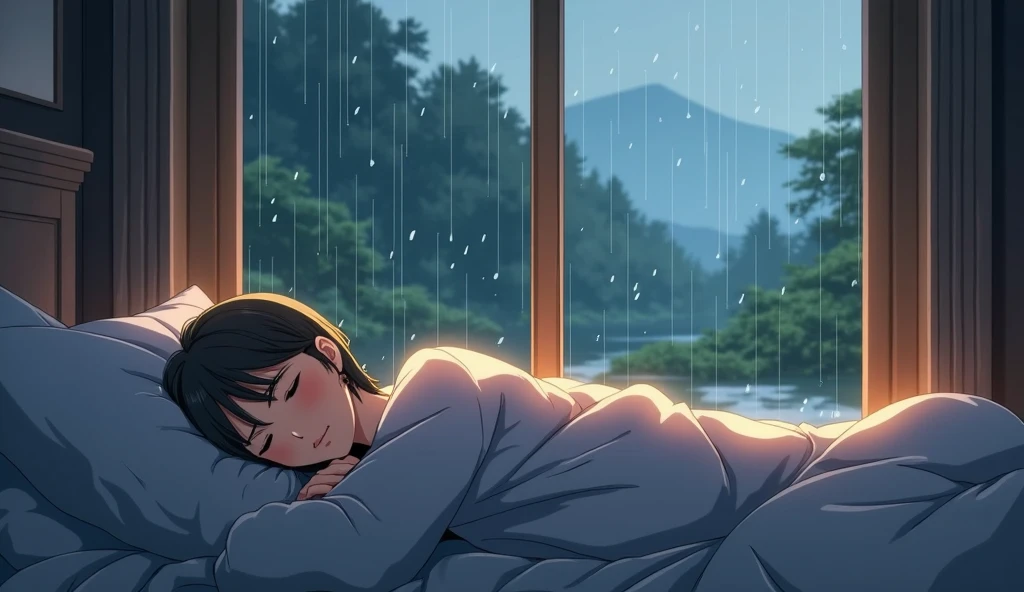 Create a high-quality anime-style scene of a cozy bedroom during a gentle rainstorm. The room should have soft, warm lighting with detailed elements like a bed, pillows, and a window showing raindrops only on the outside. A person is lying peacefully in bed, and the view through the window should show raindrops softly hitting the glass, with no rain inside the room. Capture the serene and calming atmosphere, focusing on the cozy interior contrasted with the rainy exterior. Ensure clear, realistic details, especially in the textures, lighting, and expressions.