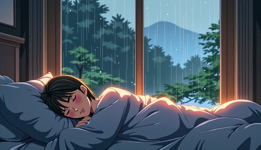 Create a high-quality anime-style scene of a cozy bedroom during a gentle rainstorm. The room should have soft, warm lighting with detailed elements like a bed, pillows, and a window showing raindrops only on the outside. A person is lying peacefully in bed, and the view through the window should show raindrops softly hitting the glass, with no rain inside the room. Capture the serene and calming atmosphere, focusing on the cozy interior contrasted with the rainy exterior. Ensure clear, realistic details, especially in the textures, lighting, and expressions.
