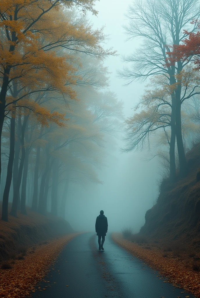 lone figure walks along a misty road lined with towering trees, their leaves ablaze in vibrant yellow and red hues, contrasting with the ethereal fog that blankets the background. The atmosphere is tranquil yet mysterious, with the fog softening the landscape, making the road and trees appear to fade into the distance. The scene evokes a sense of solitude and reflection, as the figure moves forward into the unknown, surrounded by the beauty of autumn and the quiet embrace of the mist."