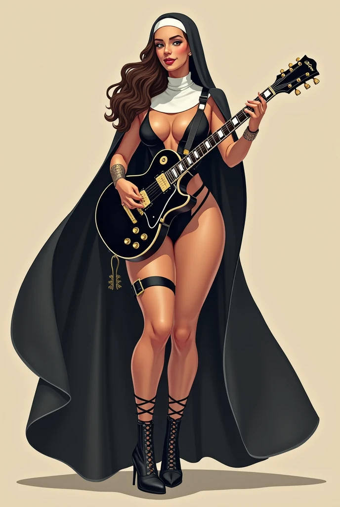 Flat factor of a sexy busty warrior nun. She is wearing a (see through) body suit, black,(((elegantly laced))). she has a tempting smile. Brunette, weavy hair over her shoulders. White neckerchief and cap. she is wearing a black cloak, leathers straps. She is ((playing)) a black gibson les paul. she is wearing black high heeled boots. pin-up style