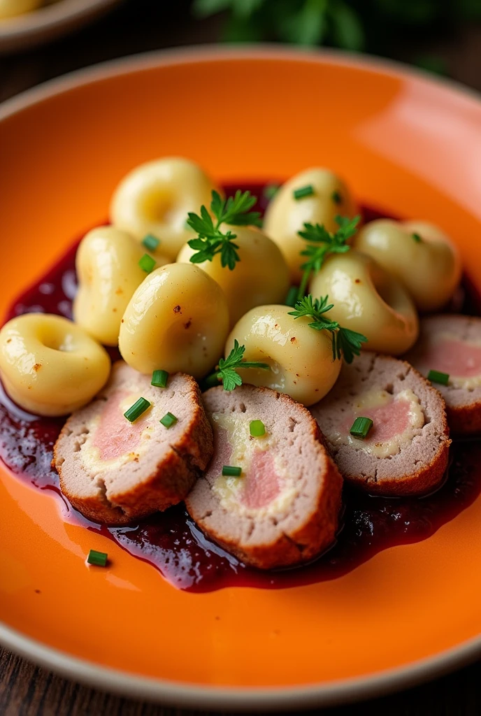 "Please, Create as realistic an image as possible of an elegant dish showing potato gnocchi smothered in a creamy 4-cheese sauce, accompanied by round-shaped medallions of fine pork loin bathed in a red wine sauce. The plate should be orange to highlight the colors of the food.. Decorate with chopped chives on the gnocchi and, If possible, Add a few sprigs of parsley for a finishing touch. Make sure that both the gnocchi and the loin are well presented, with the 4 cheese sauce and red wine sauce clearly visible for an authentic presentation