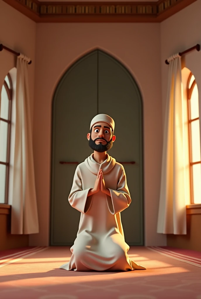 3d pixar character style of A Muslim man praying in a modest room, dressed in simple clothes that cover from his navel to his knees. He is deeply focused on his prayer, the room is softly lit with minimal decor, evoking a sense of peace and devotion